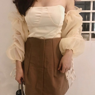Set áo tay phồng+ chân váy nâu