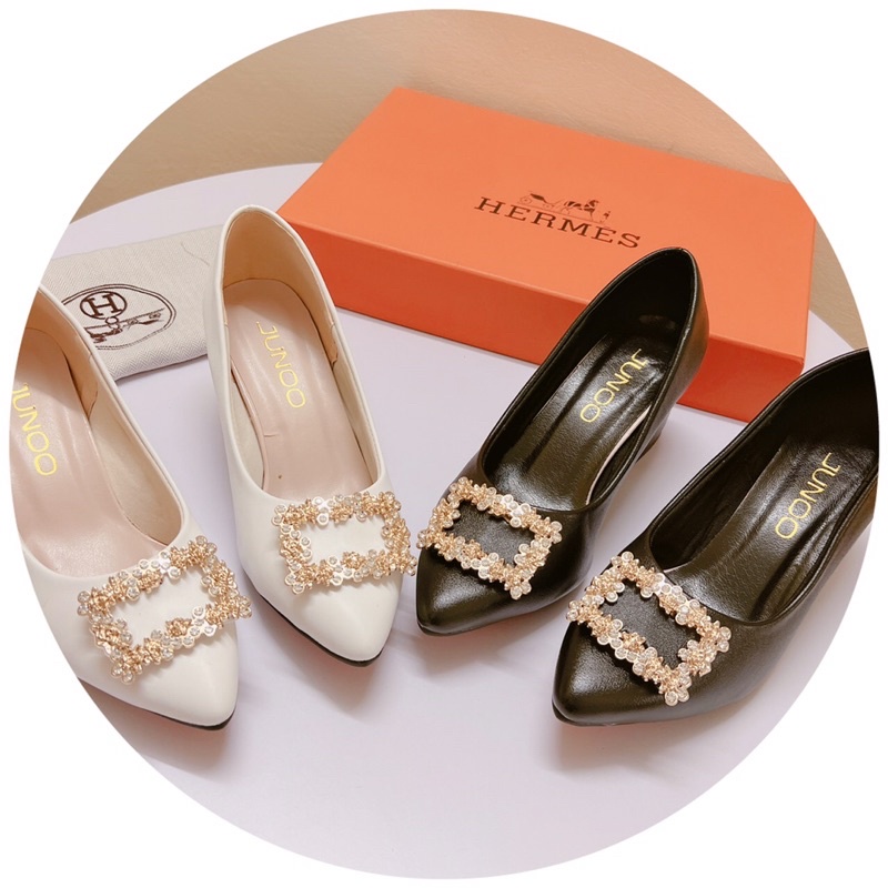 GIÀY CAO GÓT MŨI NHỌN GÓT VUÔNG 6p DA LÌ HOA ĐÃ VUÔNG ĐẸP XUẤT SẮC❤️FREESHIP 50k❤️