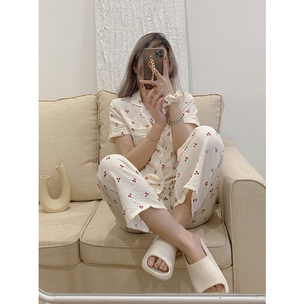 Bộ Đồ Ngủ Pyjama Nhiều Hình Chất Xô Đũi Muslin Tặng Kèm Scrunchies