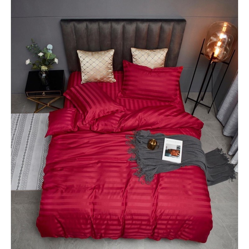 Bộ chăn ga gối Cotton Lụa Hàn Kẻ Sọc - Chăn Trần bông 2x2,2m sét 5 món