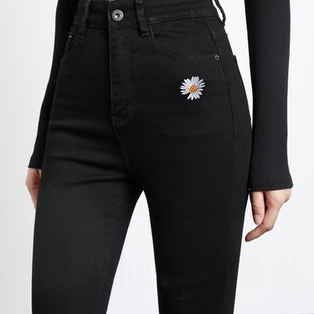 Quần jean dài BIGSIZE đen tuyền in hình hoa cúc, lưng cao trên rốn, co dãn mạnh 2707
