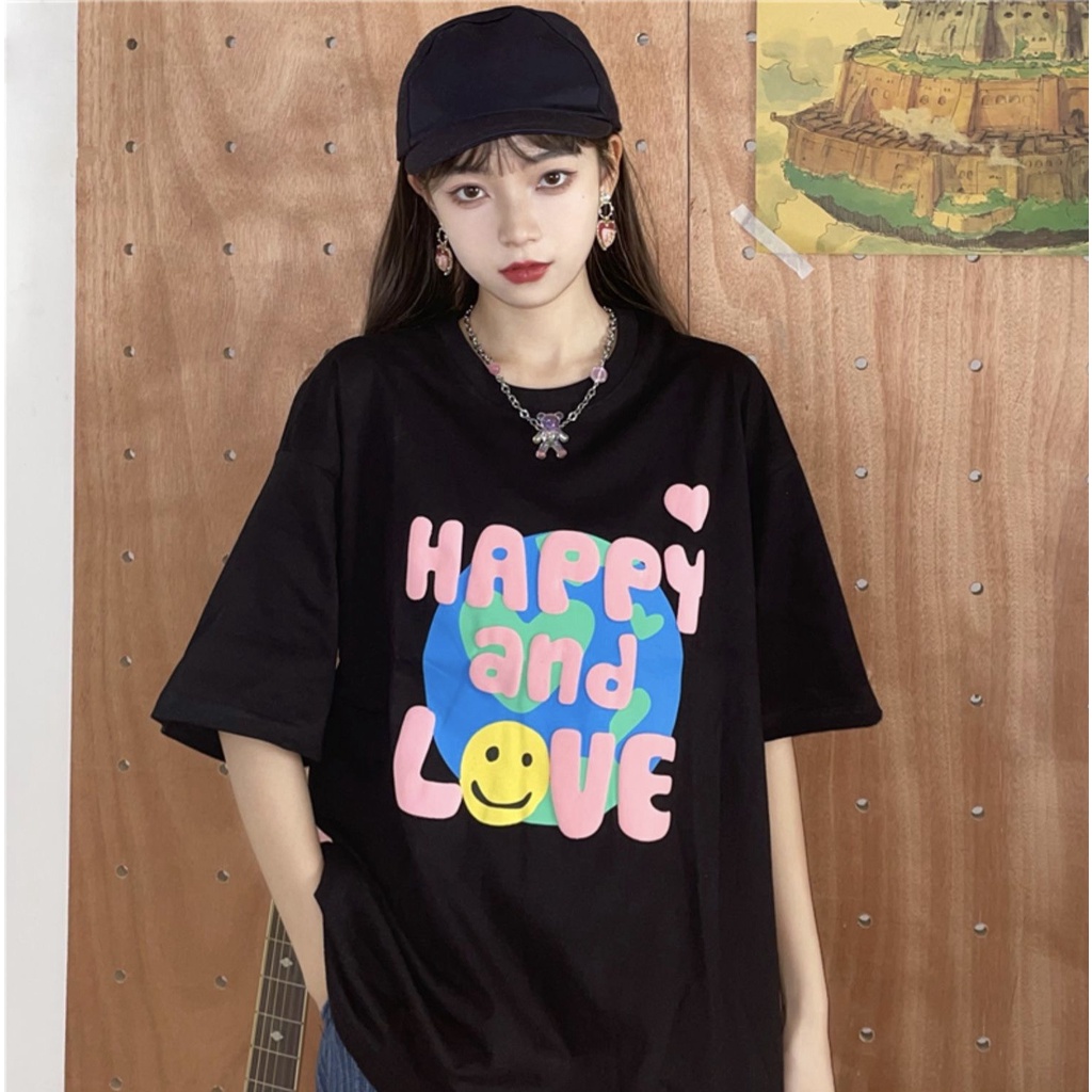 Áo thun tay lỡ form rộng Happy and Love NEKOSG, áo phông form rộng Unisex ATL258