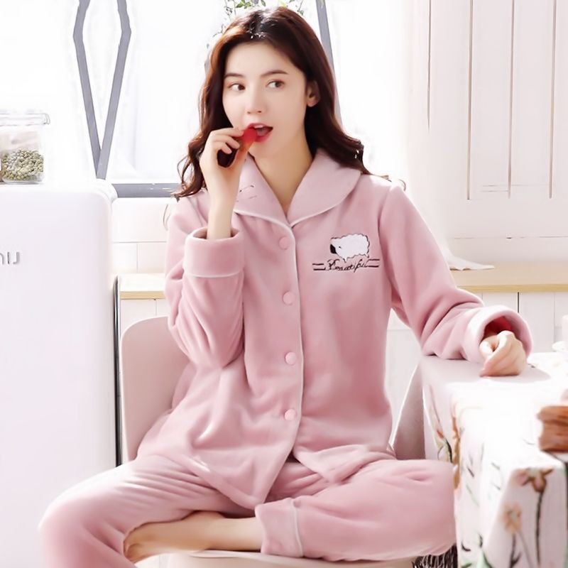 ❀Mùa thu và đông dày thêm bộ đồ ngủ bằng vải nhung nữ san hô lông cừu ở nhà dịch vụ hoạt hình học sinh dài tay