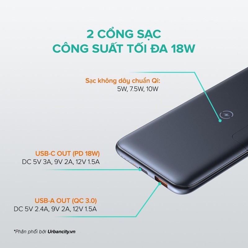 Sạc Dự Phòng Aukey PB-WL02 10.000mAh, Power Delivery 18W, QC 3.0, Không Dây Qi 10W, Tích Hợp Giá Đỡ - Hàng Chính Hãng