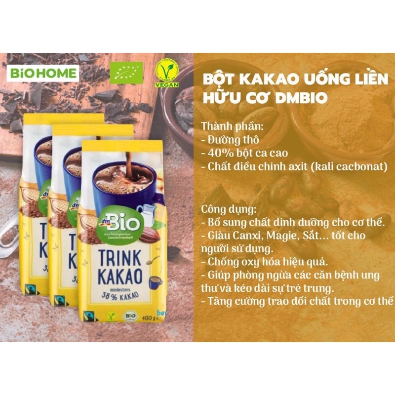 Bột Kakao uống liền hữu cơ Dmbio 400g