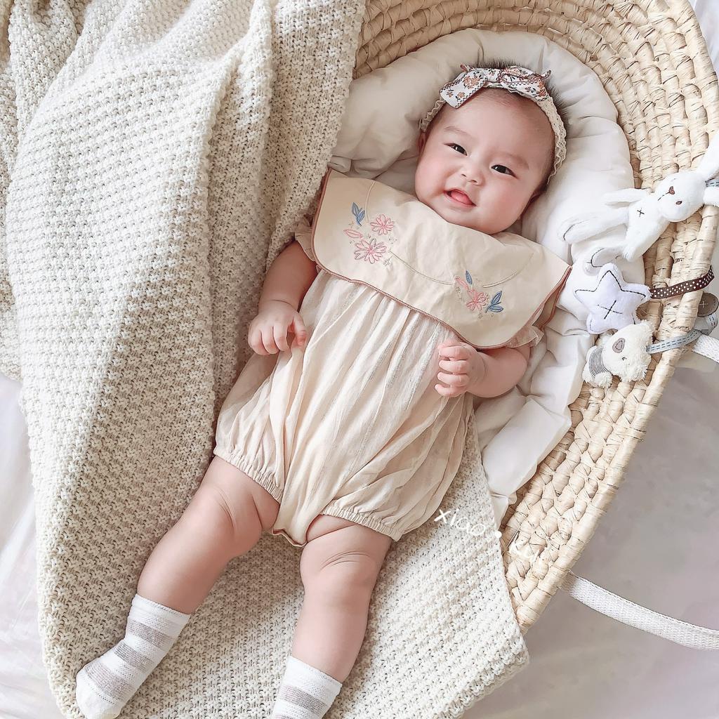 Bộ Áo Liền Quần Tay Ngắn Họa Tiết Thêu Cho Bé Gái 0-24 Tháng Tuổi