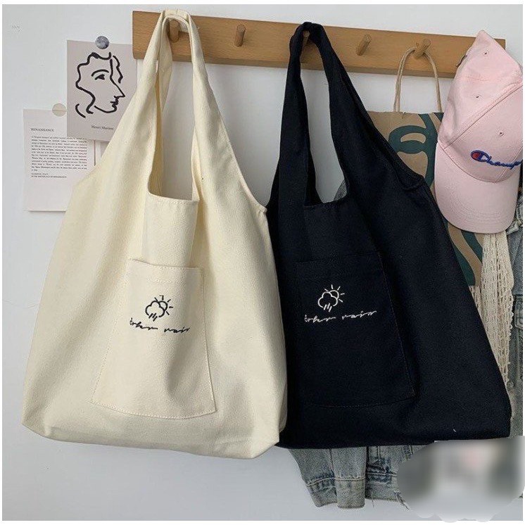 Túi tote vải canvas có túi phụ bên ngoài dành cho nữ phong cách ulzzang nhiều mẫu