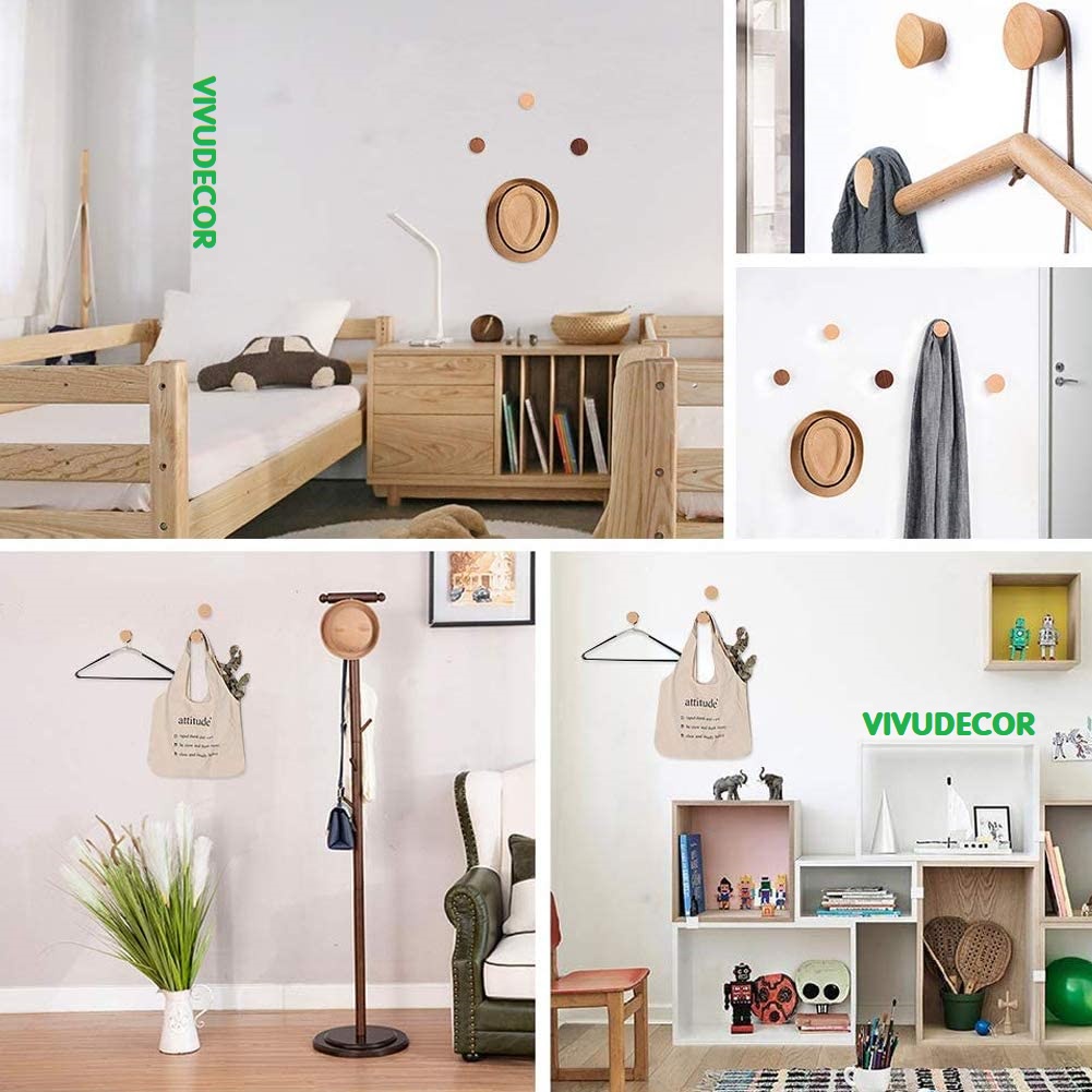 Móc treo tường Vivudecor hình nón đa năng vừa dán vừa khoan vít, Móc treo quần áo 100% gỗ tự nhiên.