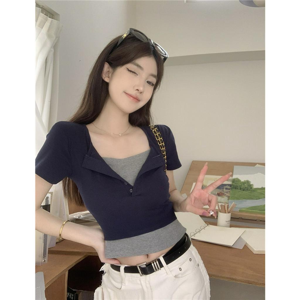 qkoole  Áo Thun Ngắn Tay Giả Hai Lớp Dáng Ôm Thời Trang Dành Cho Nữ