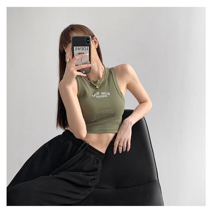 Áo croptop COZOKC không tay hoạ tiết chữ thêu thiết kế ôm sát tôn dáng