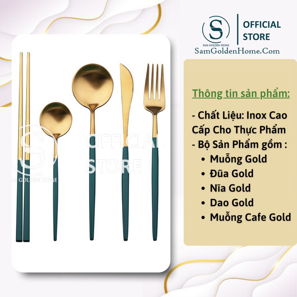 SET Đũa Muỗng Nĩa Ăn Cơm Inox Không Gỉ 5 Món Sang Trọng Phong Cách Châu Âu Emerald