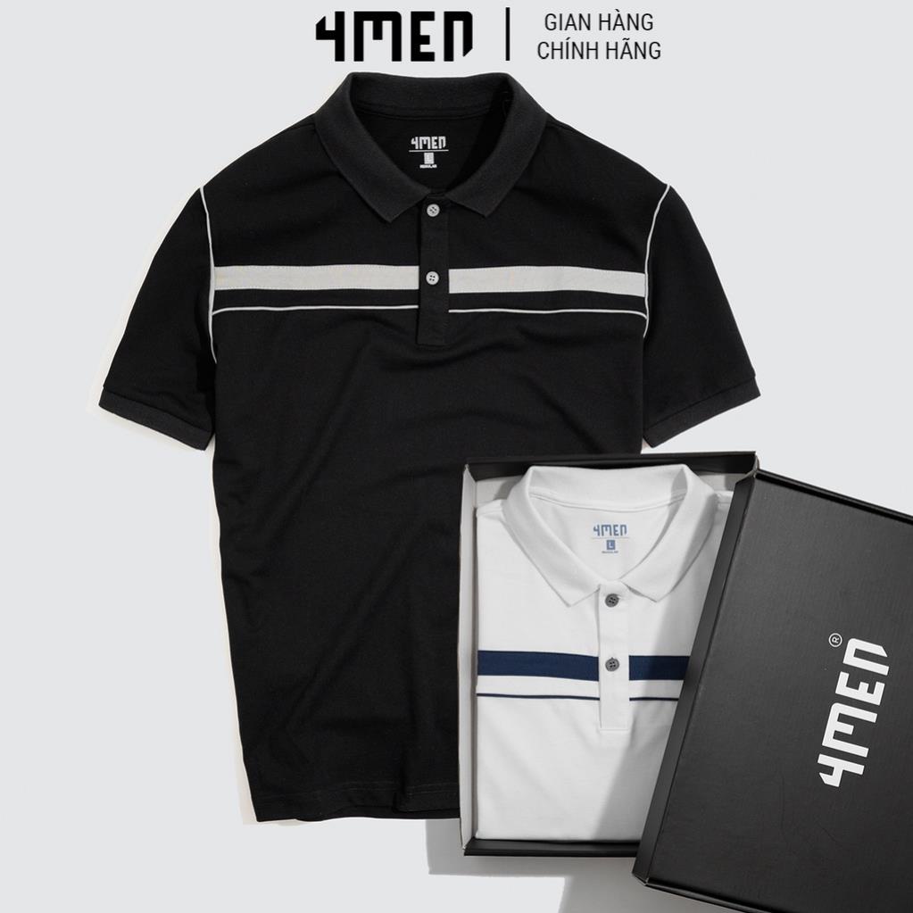Áo thun polo nam đẹp 4MEN PO043 có cổ trụ bẻ vải cá sấu cotton hàng hiệu phối màu kẻ ngang, viền nách mới lạ, trẻ trung