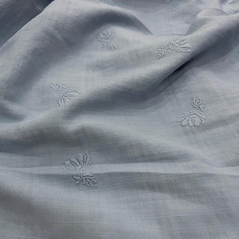 Vải Xô Cotton Thêu Hoa Xanh Môn Mềm Rũ Khổ 1m40