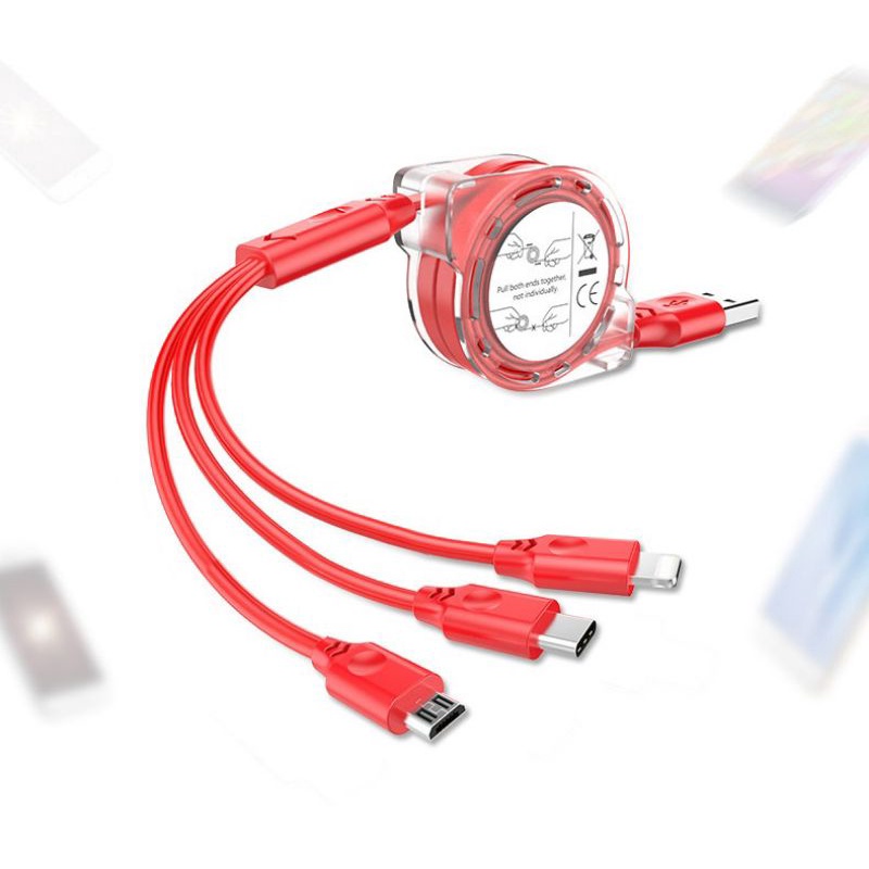Cáp sạc dây kéo cuộn tròn 3 đầu,,,