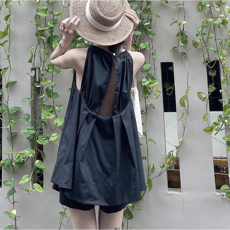SET ĐEN ÁO HỞ LƯNG ( ÁO VÀ QUẦN). MẪU MẶC RỘNG NÁCH NHIỀU