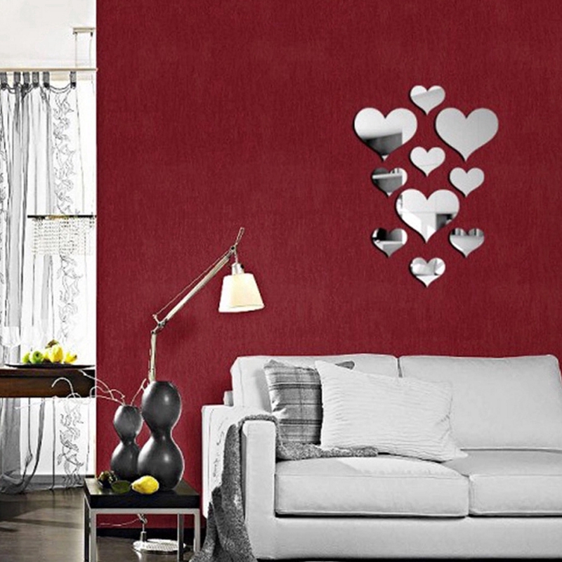 Bộ 10 miếng dán tường bằng acrylic hiệu ứng gương 3D hình trái tim tình yêu có thể gỡ ra được