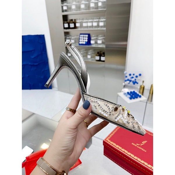 Giày cao gót mũi nhọn quai hậu đính đá hình hoa thương hiệu Rene Caovilla da thật cao cấp