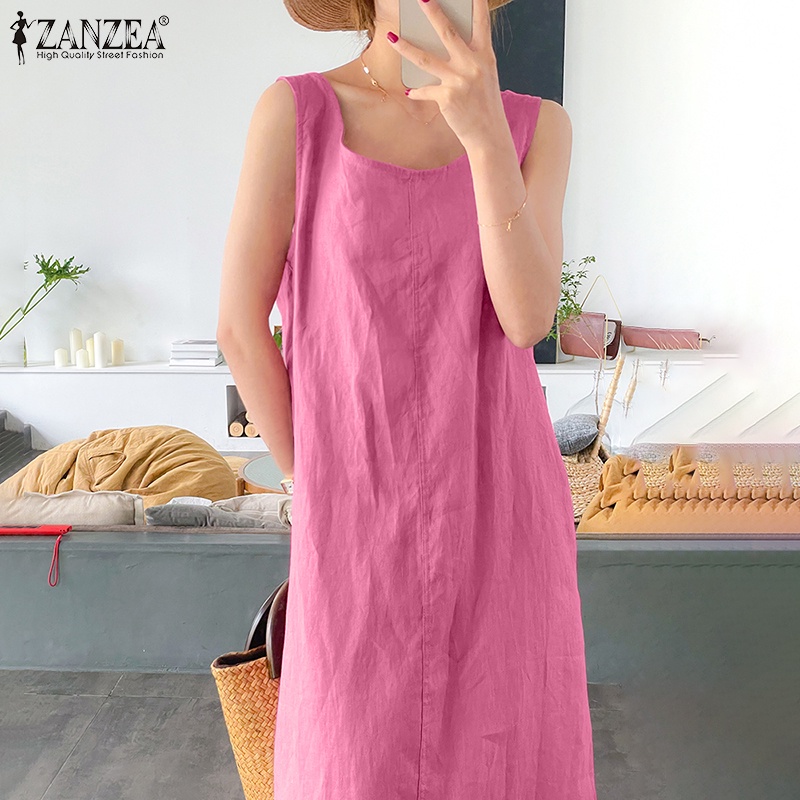 Đầm nữ Zanzea dài không tay cổ tròn thời trang Hàn Quốc