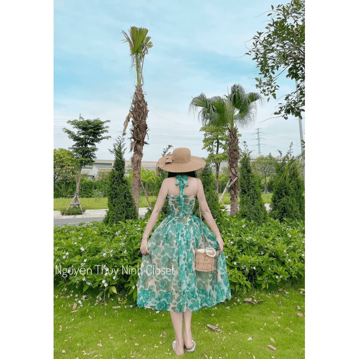 Đầm Nữ Cổ Yếm Cột Dây in Hoa 2 Màu Chất Lụa 2 Lớp Có Mút Mặc Đẹp Dáng Xinh NEW UNISEX
