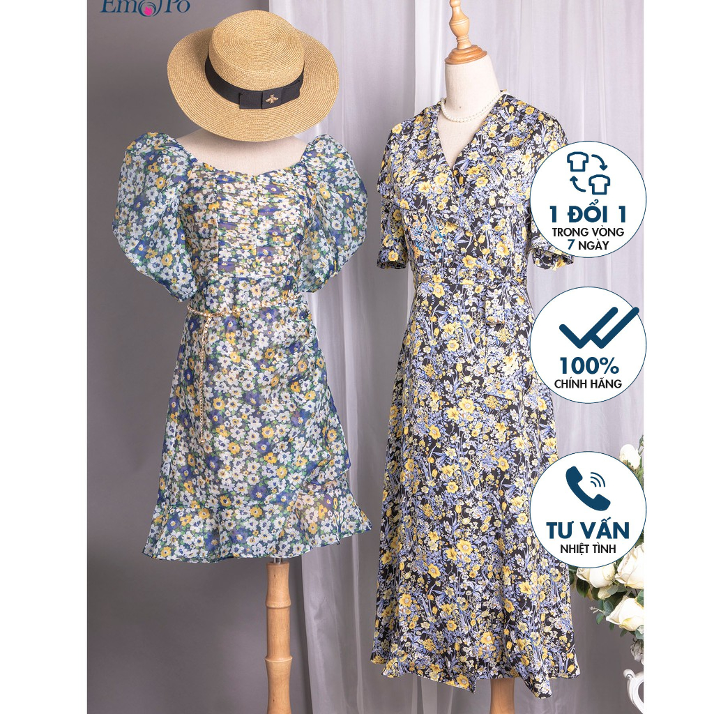 Đầm hoa xòe Emspo, giao cúc mở vạt, buộc nơ eo, cổ bẻ lá cổ bản to DM4008