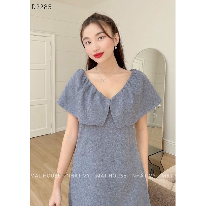 Đầm Nữ NHẬT VY Sát Nách Cổ V Tay Bèo Trễ Vai Chất Linen Đi Tiệc Dáng Suông Màu Xanh, Nude - D2285