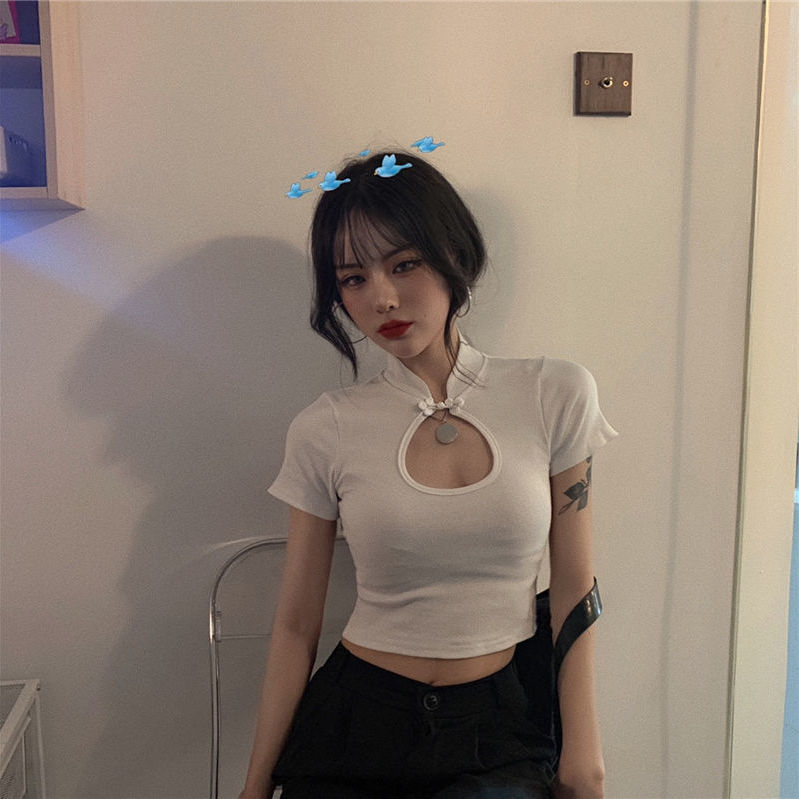 Áo kiểu dệt kim ngắn tay phối nút cài phong cách retro xinh xắn dành cho nữ