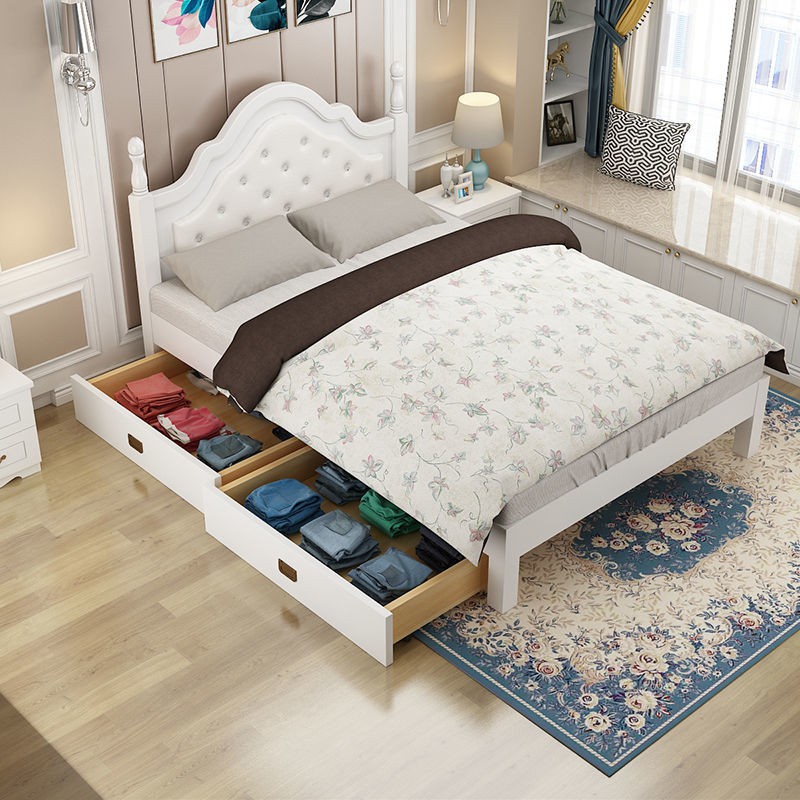 Giường gỗ chắc chắn đôi đơn giản hiện đại phong cách Châu Âu phòng ngủ chính gói mềm mại màu trắng công chúa tiết