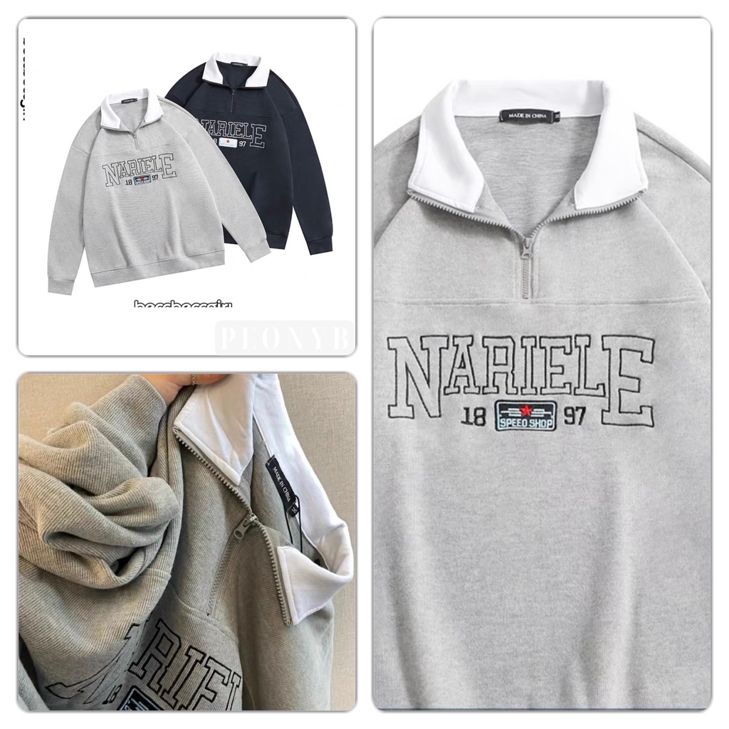 Áo polo cổ zip thêu nariele 1897 unisex [FREESHIP] Sweater nỉ bông form rộng tay phồng kiểu thể thao hàn quốc peonyb