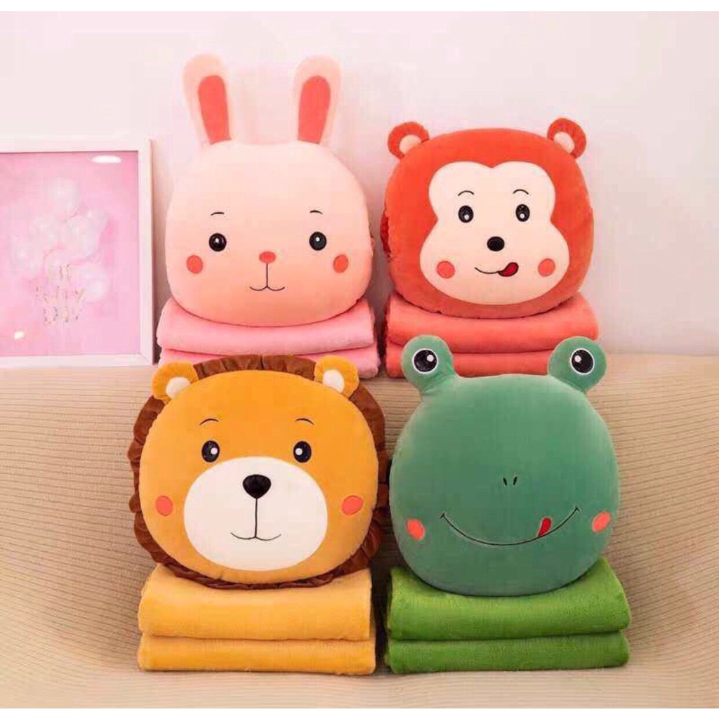 Bộ chăn gối văn phòng đa năng hình quả cute, thỏ, ếch, khỉ, gấu biểu cảm