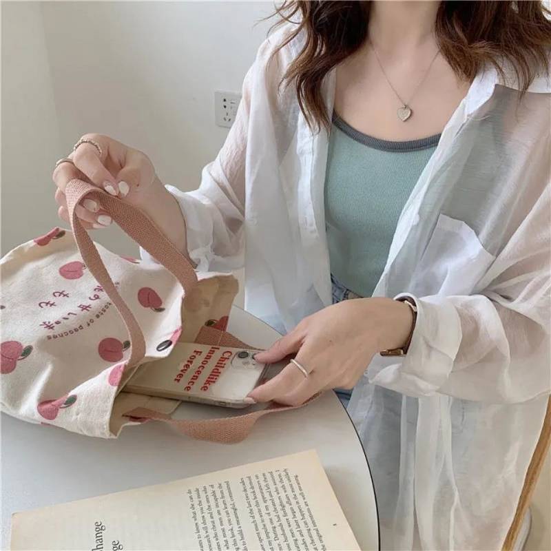 Bag Female 2021 New Pouch Japanese Peach Portable Canvas Bag Girl Snack Bento Small Bag Handbag U1mU