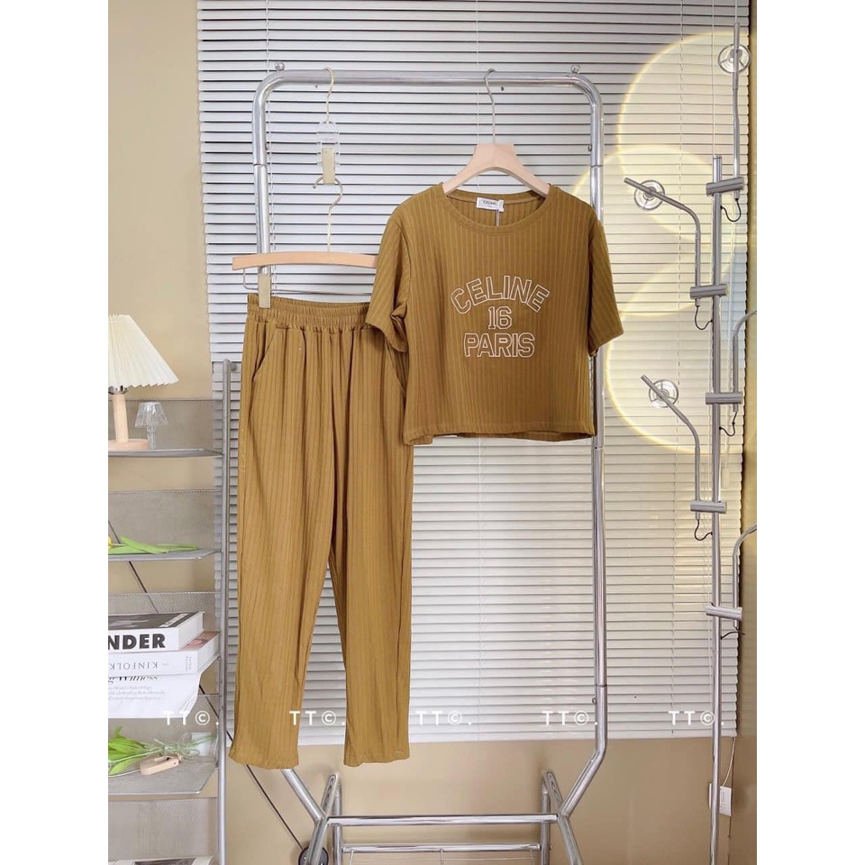 Đồ bộ nữ, set đồ bộ quần baggy đai cao có túi và áo croptop ngắn tay form rộng THÊU CHỮ vải thun cotton gân borip dày