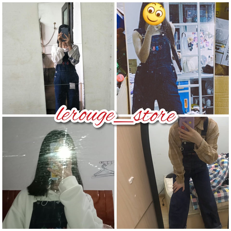 Quần yếm bò xanh đậm hình 3 chú gấu bear xinh xắn ống dài suông hách dáng hot TikTok