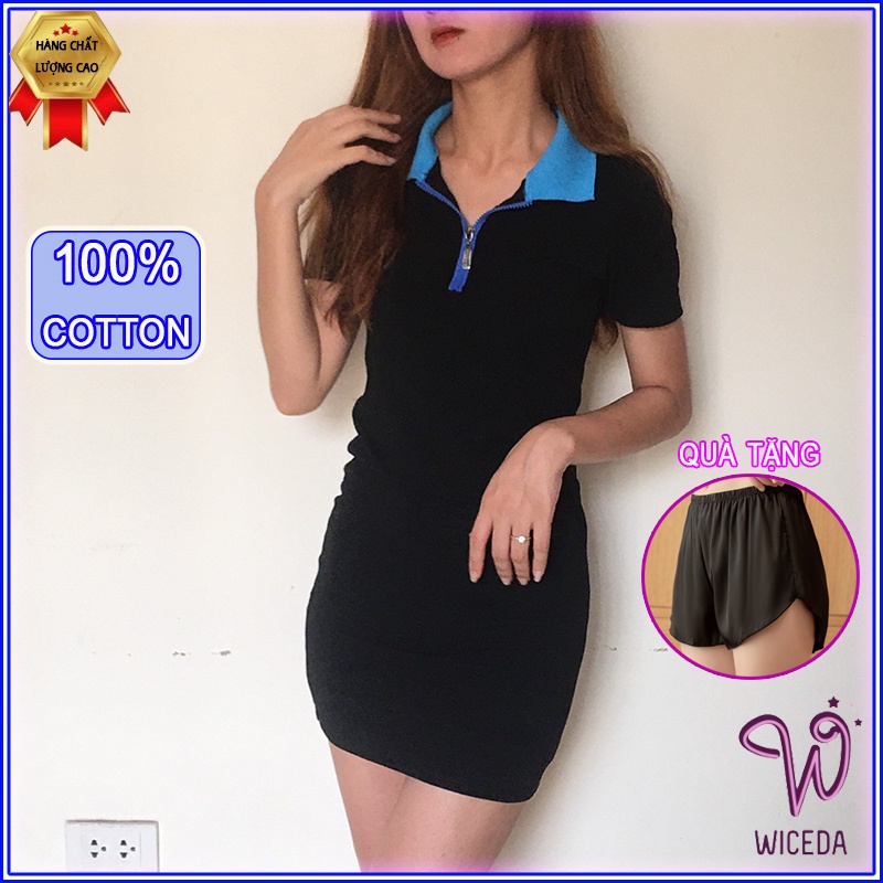 Váy polo ôm body xinh cổ viền xanh , đầm polo dự tiệc đẹp chất 100% cotton mềm mịn khóa kéo 2 màu đen trắng Wiceda VD6