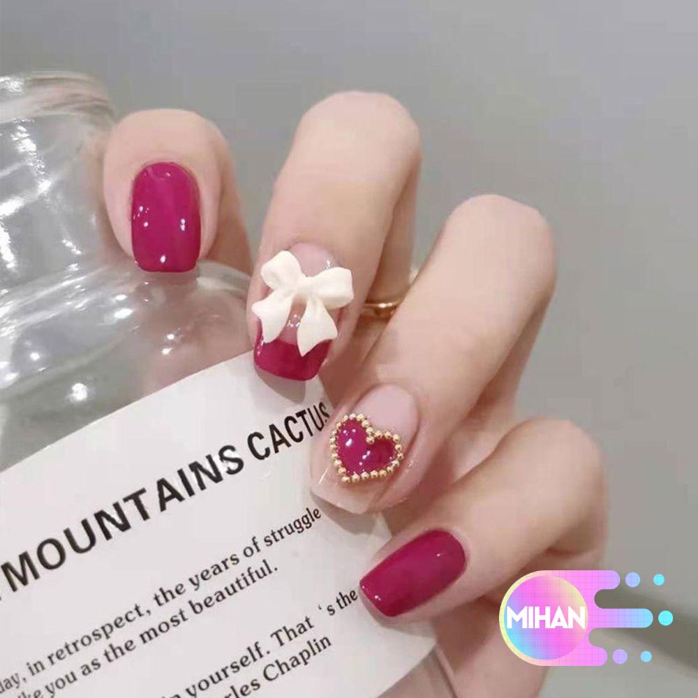 [Hàng mới về] Hộp 24 móng tay giả ngắn đầu tròn/vuông loại ấn che phủ toàn diện họa tiết nơ/trái tim có thể tháo rời