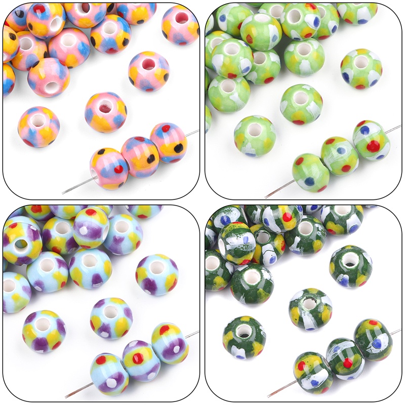 Set 2 hạt sứ tráng men BEADIA hình hoa graffiti lỗ lớn phẳng vui nhộn cho trang sức DIY