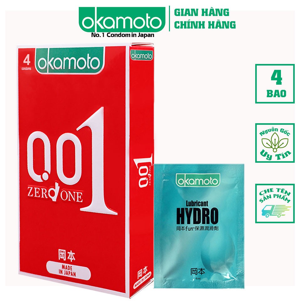 [ Tặng 1 Gói Gel Bôi Trơn Hydro ] Bao Cao su Okamoto 0.01 PU Siêu mỏng Truyền Nhiệt Nhanh Hộp 4 Cái