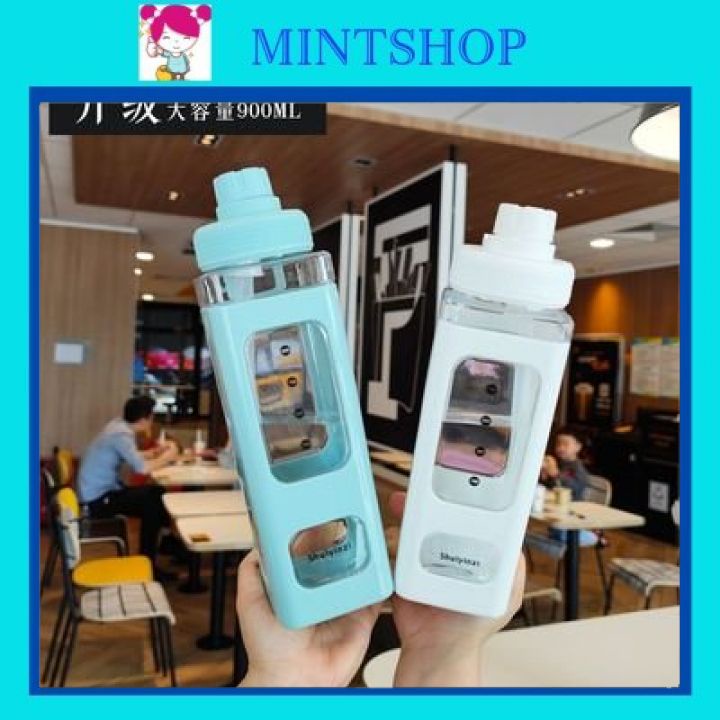 Bình Nước Nhựa Trong Suốt 900ml Hình Vuông Chống Rò Rỉ Có Ống Hút Tiện Lợi