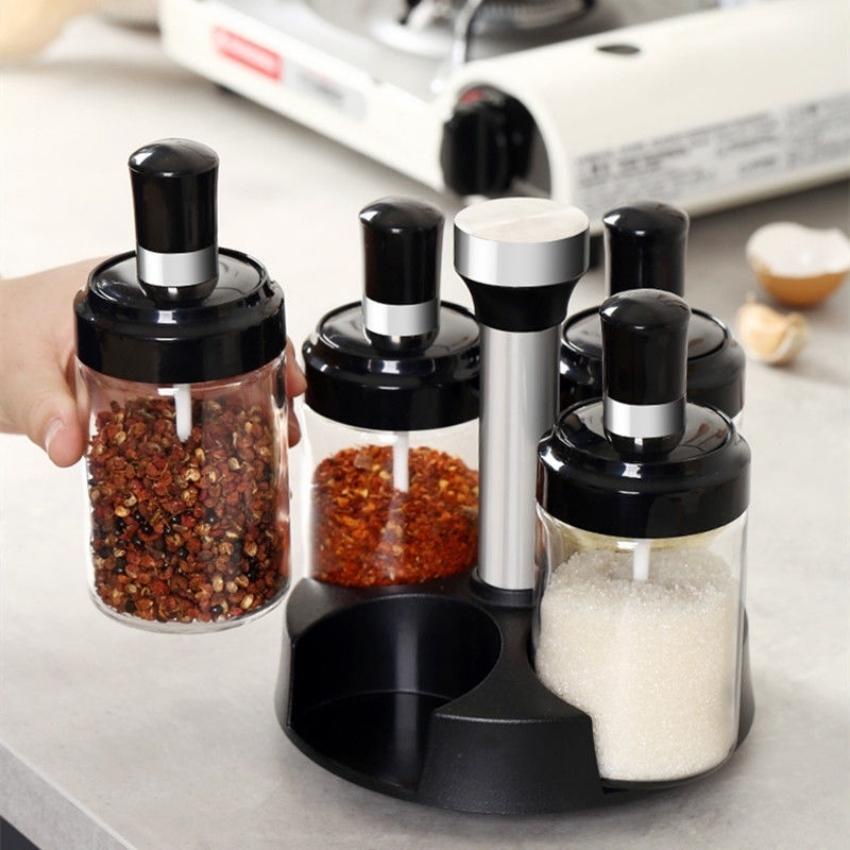 Hủ đựng gia vị thủy tinh có thìa 250ml - set 6 lọ đựng gia vị nhà bếp kèm muỗng và nắp tiện lợi – Caroni