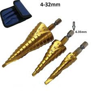 BỘ 3 MŨI KHOAN THÁP 4-32 MM THÉP HSS PHỦ TITAN
