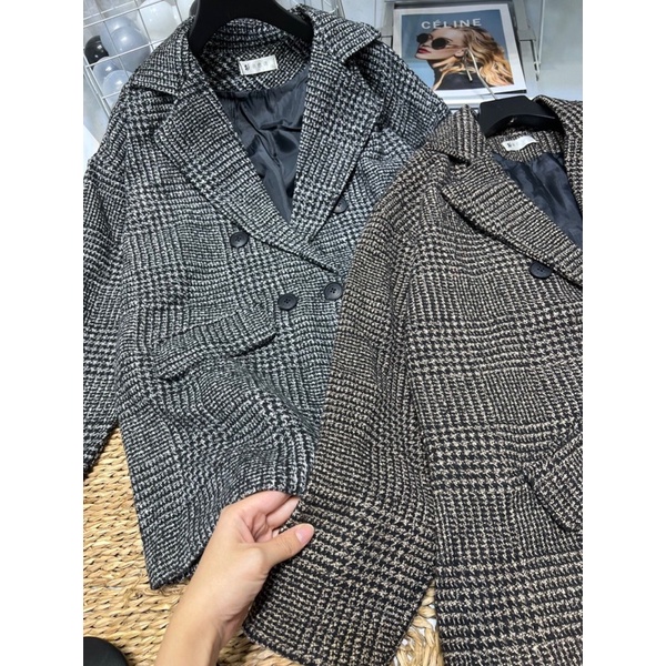 Áo dạ/Khoác dạ kẻ dáng rộng cổ vest vintage phong cách Hàn Quốc hot hit