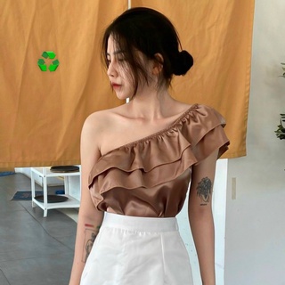 Áo phi lụa lệch vai bèo 2 tầng cực hot , chất phi lụa mềm mịn