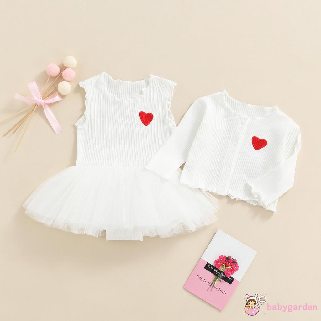 Bộ 2 món đầm liền thân không tay thêu hình trái tim và áo khoác tay dài thời trang cho bé gái