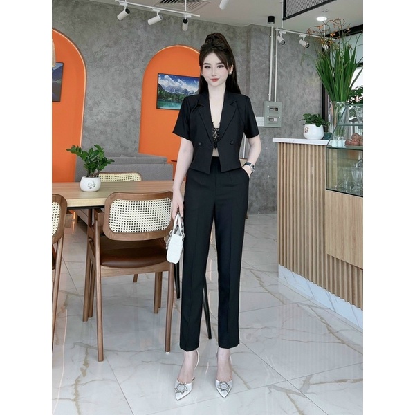 Áo blazer croptop ngắn tay, áo khoác cổ vest dáng lửng + quần