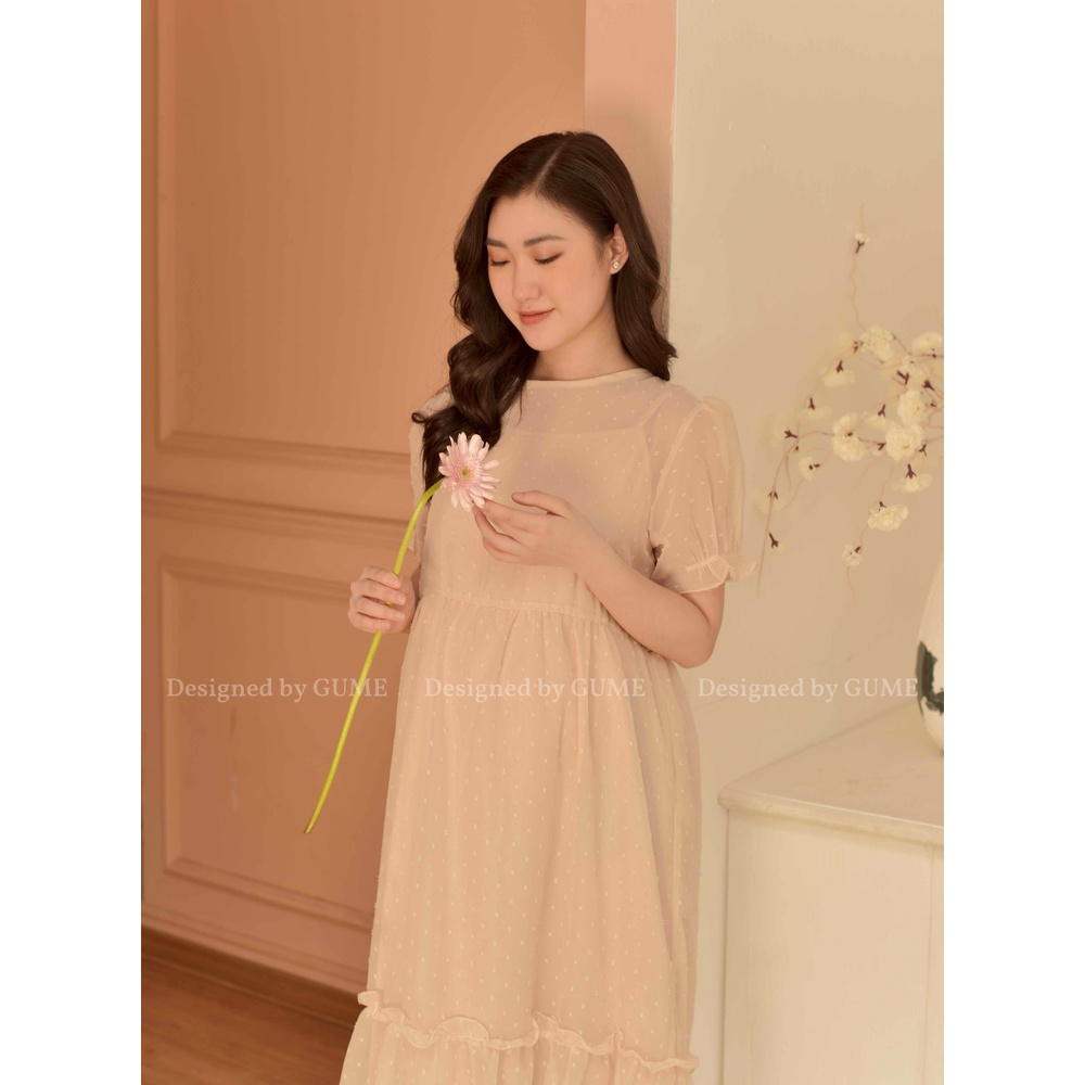 Váy Bầu Công Sở - Đầm Bầu GUME 2 màu be,vàng dáng đuôi cá bèo tay bo chất vải voan hạt size từ 40-100kg  GM023 ảnh thật