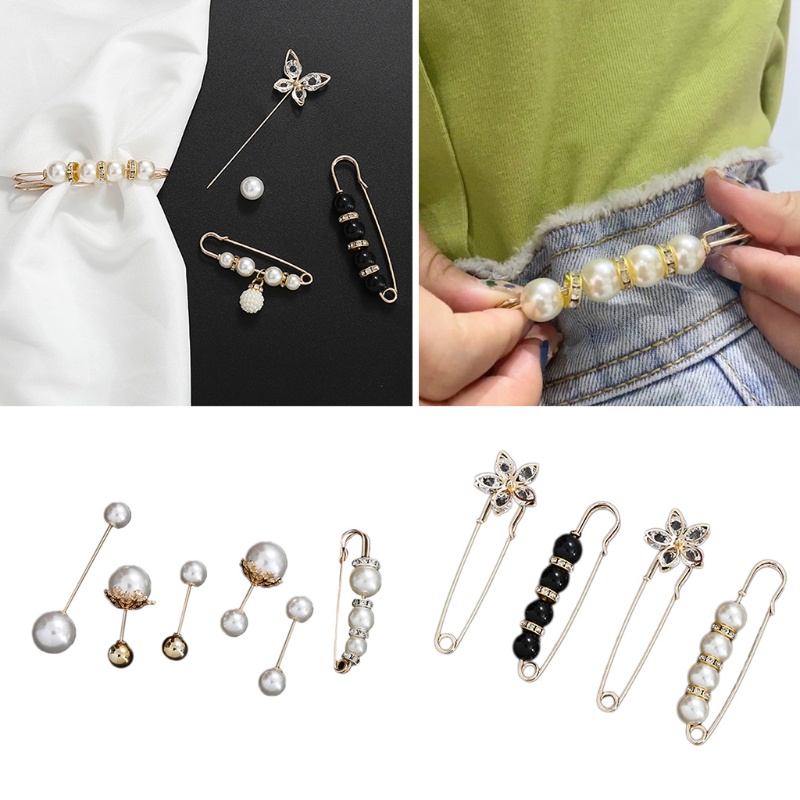 Set ghim cài áo sơ mi/ khăn choàng/ áo khoác đính ngọc trai giả phong cách vintage thời trang