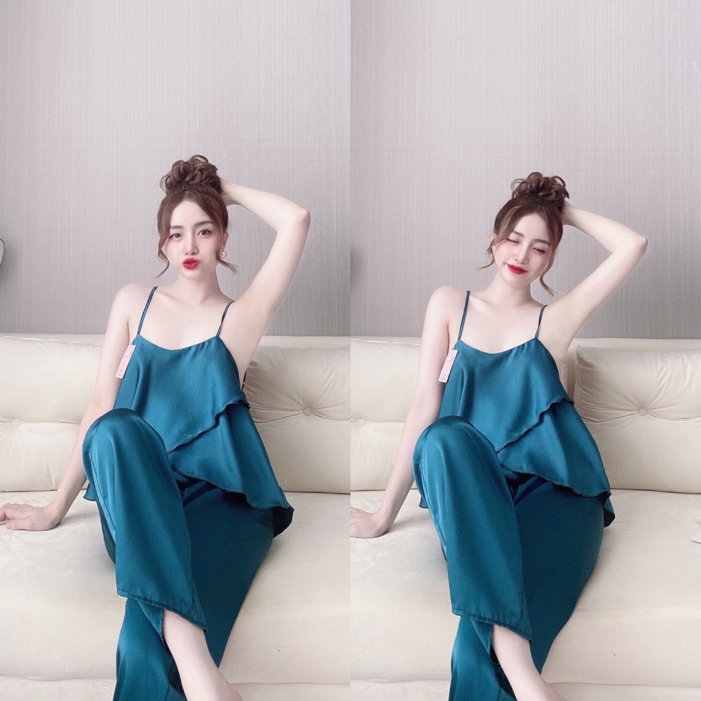 Đồ ngủ sexy 2 dây - Đồ bộ chất lụa satin mặc nhà thoải mái Freesize dưới 58kg Linqu Sleepwear