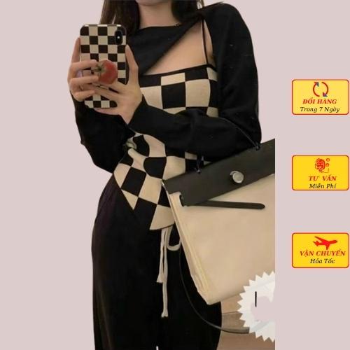 Áo len nữ caro lệch vai 2 dây kèm áo cardigan ngắn ulzzang Hàn Quốc thu đông cá tính