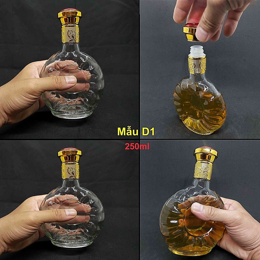 Vỏ chai đựng rượu 250ml cao cấp (combo 2 chai) - Mẫu dẹt nắp đỏ (Mẫu D1)
