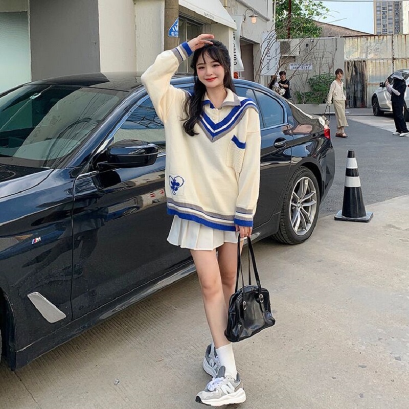 Áo thun polo ZHELIHANGFEI dài tay giả hai lớp phong cách preppy dễ phối đồ cho nữ