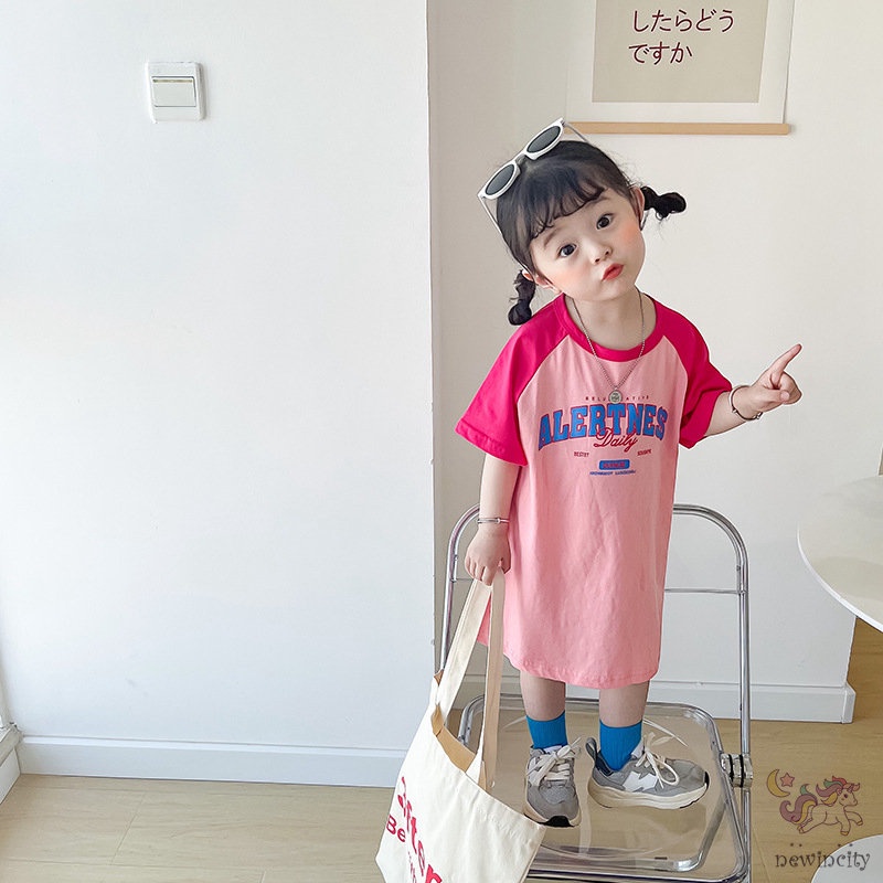 Đầm Cotton Ngắn Tay In Chữ Thời Trang Mùa Hè Hàn Quốc Dành Cho Bé Gái